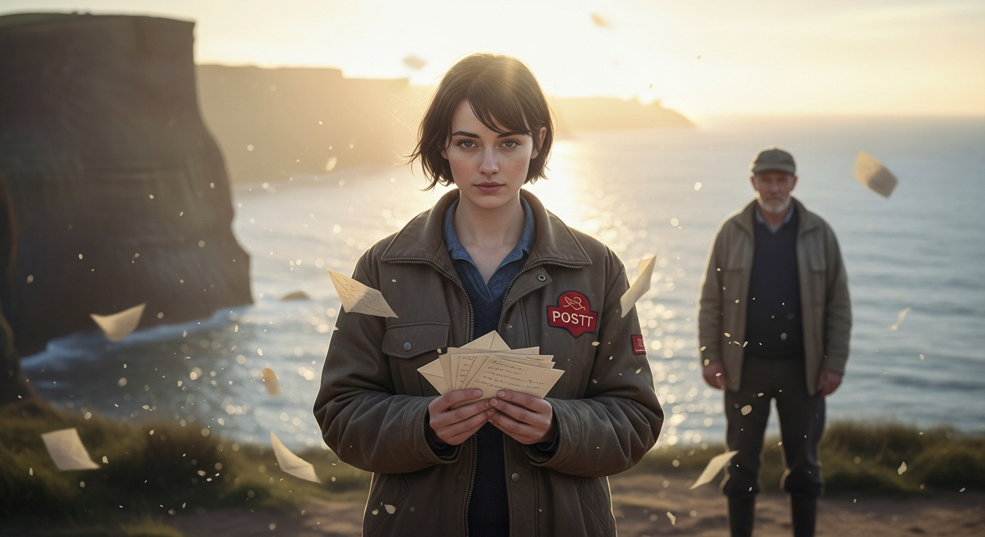 Eine junge Postbotin in verblasster Postjacke an einer nebligen Küstenklippe, Briefe in den Händen, Papierfragmente in der Luft, warmes Gold- und Graublau bei Sonnenuntergang