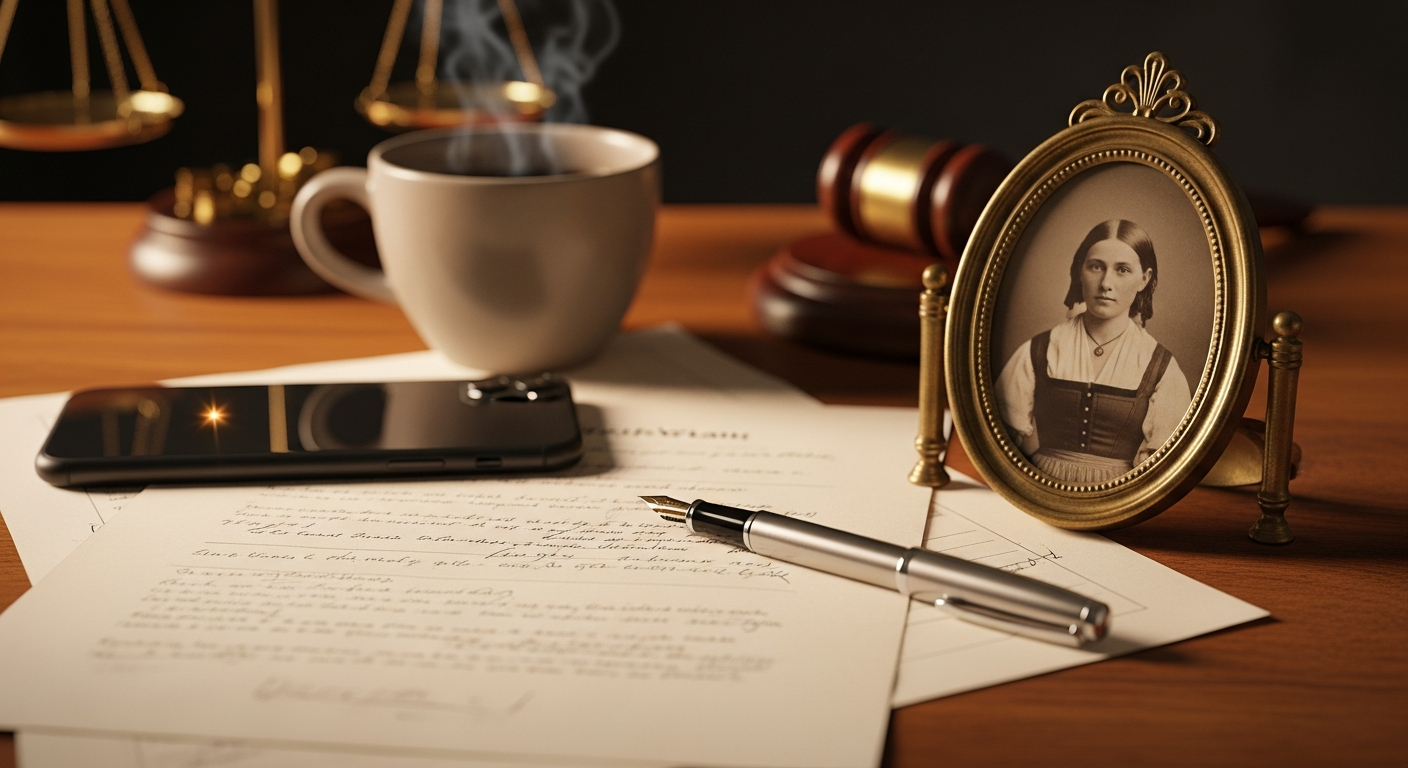 Schreibtisch mit Drehbuchseiten und Füllfeder, sepiafarbenes ovales Porträt einer Frau des 19. Jahrhunderts, Smartphone face-down, dampfende Teetasse, im Hintergrund angedeutet Justitia-Waage und Gerichtshammer