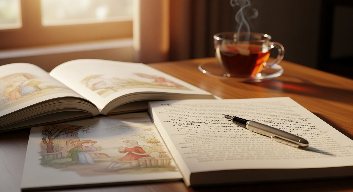 Zwei Manuskripte auf einem warmen Holzschreibtisch, eines aufgeschlagen mit Aquarell-Illustrationen, eines mit handschriftlichen Randnotizen und Füllfederhalter, daneben dampfende Tasse Tee im Nachmittagslicht