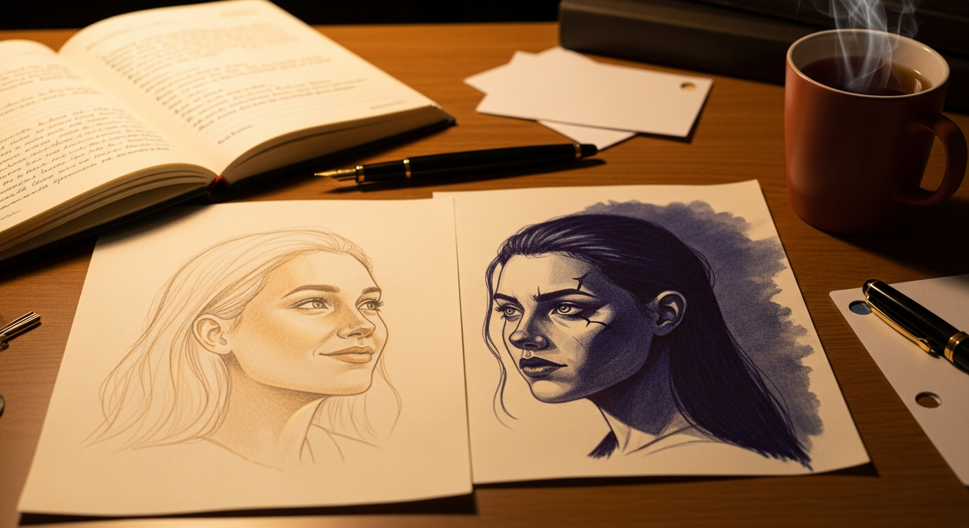 Zwei handgezeichnete Charakter-Skizzen hell und dunkel