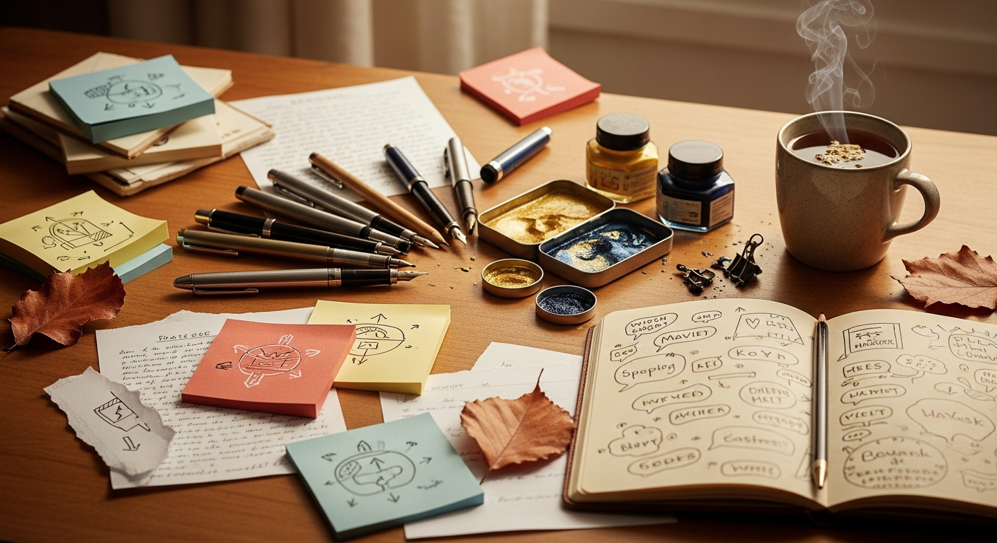 Schreibtisch mit Stiften, Post-its und Skizzenbuch