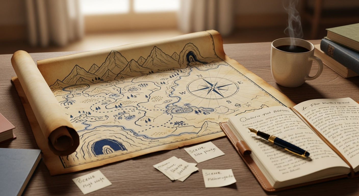 Still-Life mit Plot-Landkarte, Notizbuch und Füllfeder