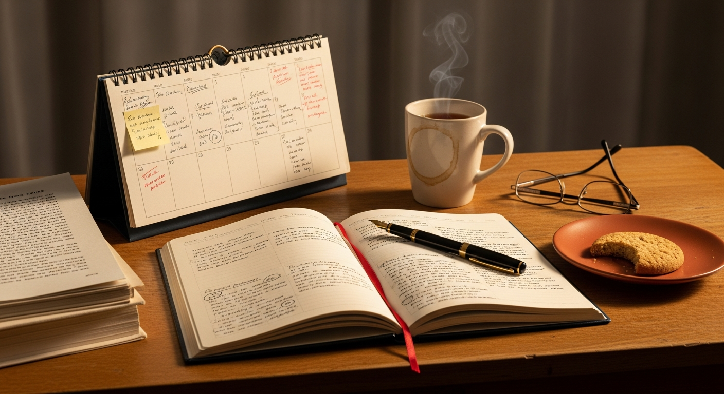 Tischkalender, halbvolles Notizbuch und Teetasse