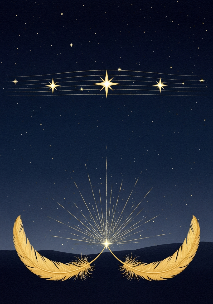 Zwei goldene Federn treffen sich in der Bildmitte, darüber drei Takt-Sterne auf einer Notenlinie, Symbol für die 3TaktMethode und die Begleitung auf Augenhöhe