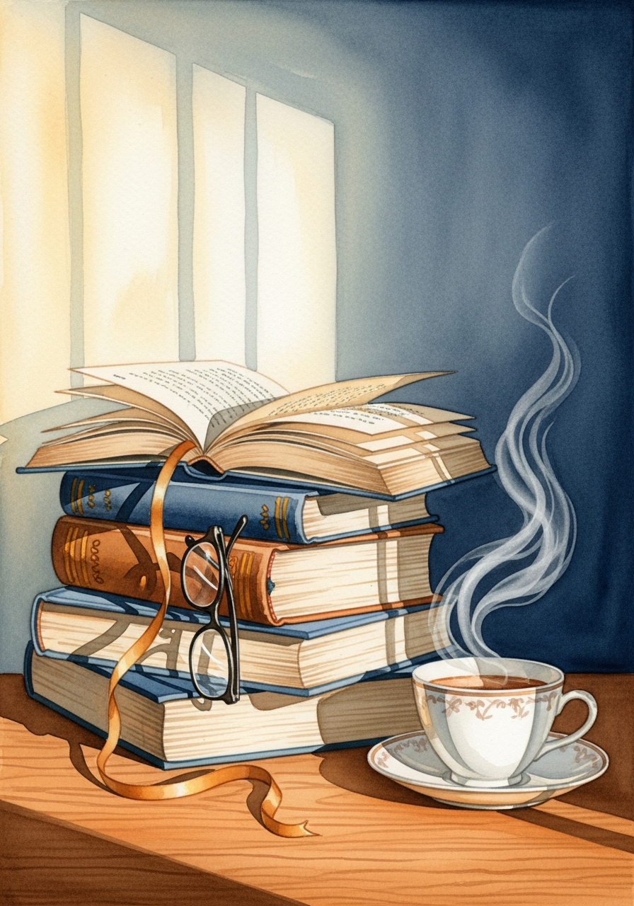 Stapel gut gelesener Bücher mit offenem Buch, Lesebrille und dampfender Teetasse im warmen Abendlicht, Aquarell-Illustration