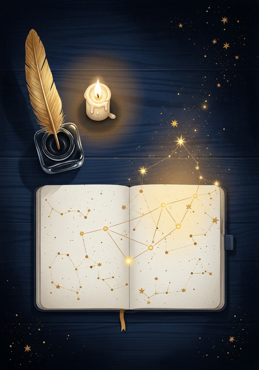 Blick von oben auf ein aufgeschlagenes Buch, in dem sich goldene Punkte zu einem Sternbild verbinden, daneben Tintenfass mit Feder und eine brennende Kerze, Symbol für das Handwerk des Schreibens im eigenen Rhythmus.