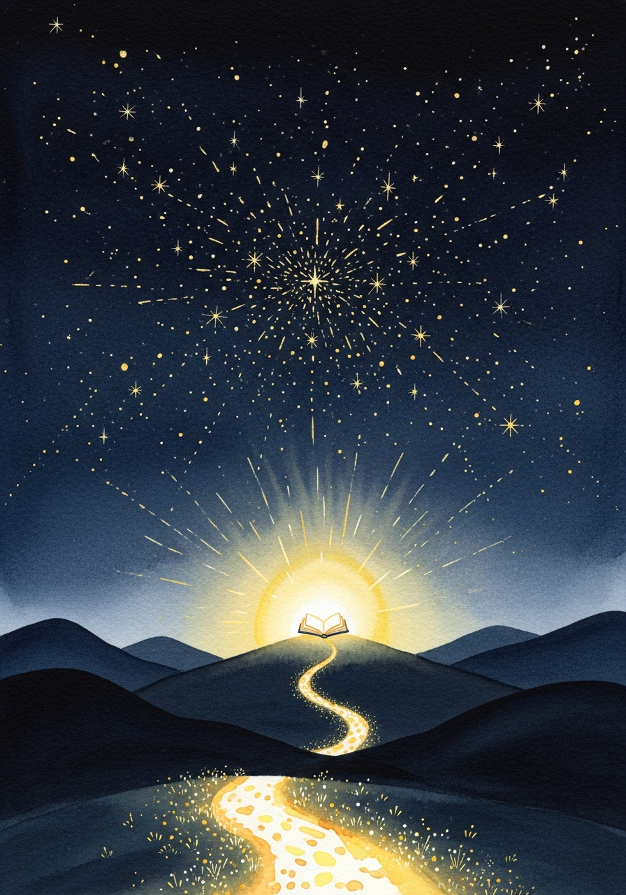 Ein goldener Pfad schlängelt sich durch dunkle Hügel hinauf zu einem leuchtenden, aufgeschlagenen Buch am Gipfel, Sternenhimmel darüber. Symbol für den Weg zum fertigen ersten Roman.