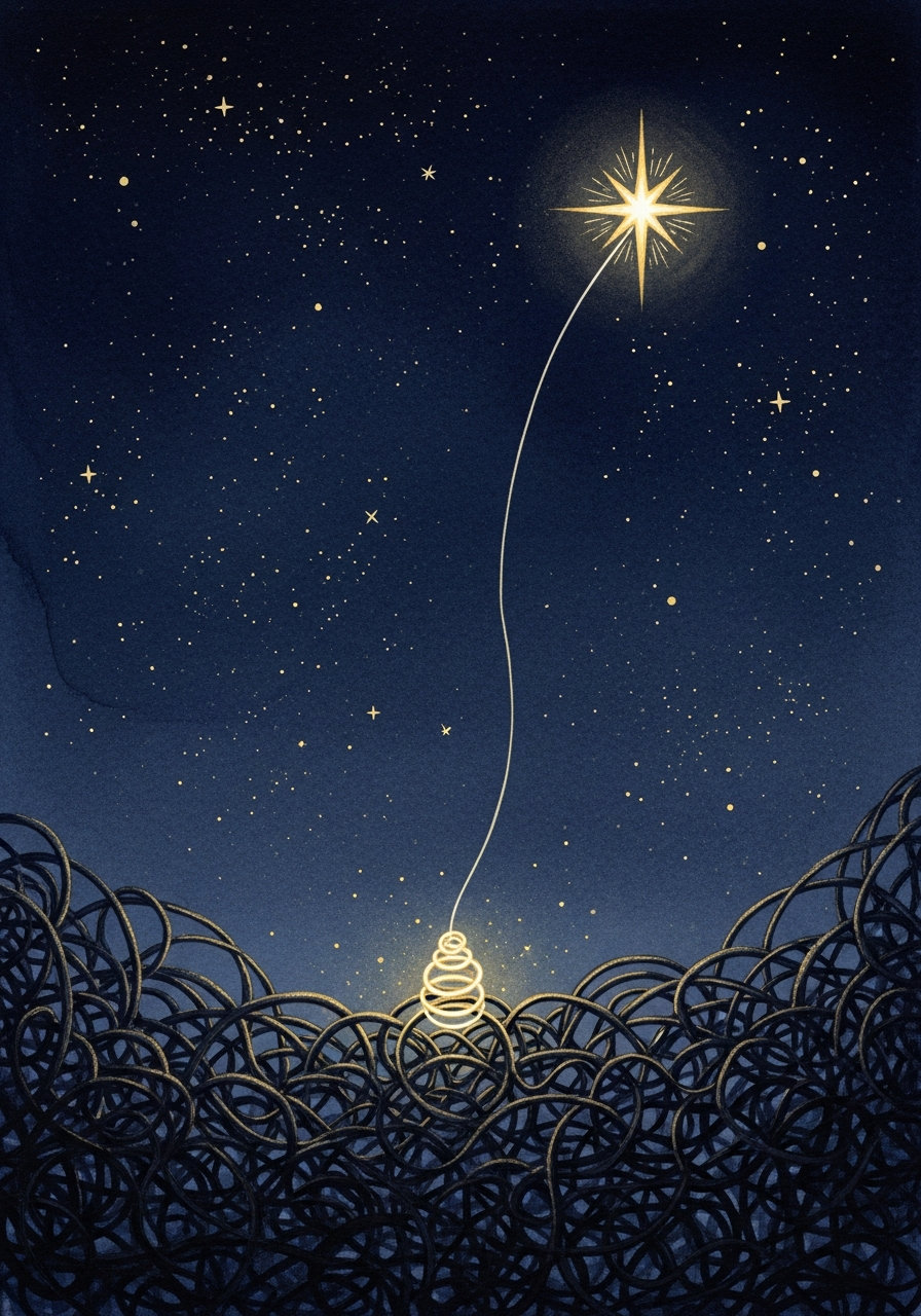 Goldener Faden, der sich aus einem dunklen Wirrwarr löst und zu einem Stern führt, Symbol für Klarheit aus dem Chaos der Ideen