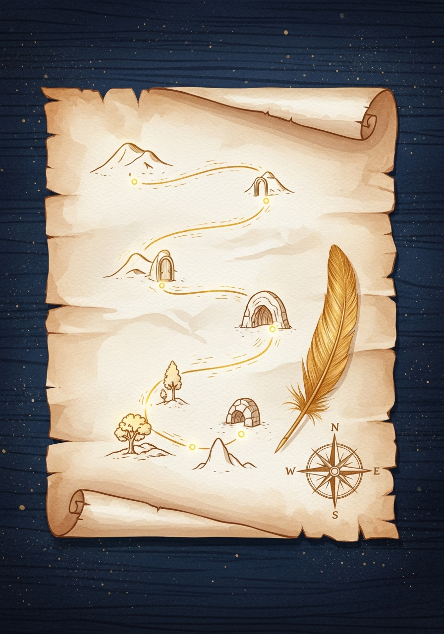 Aufgerolltes Pergament mit einem goldenen, geschwungenen Pfad, kleinen Landmarken und einer Feder, auf dunkelblauem Grund. Symbol: Die Vorlage ist die Landkarte, nicht das Buch.